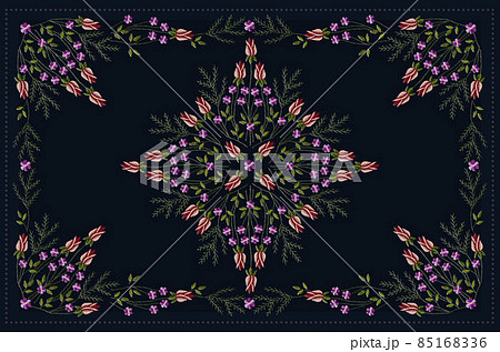 Pattern for embroidery of a tablecloth with an ornament in the center of twigs with red rosebuds, violets and a coniferous twig on a dark blue background. Pattern for embroidery of a tablecloth with an ornament in the center of twigs with red rosebuds, violets and a coniferous twig on a dark blue background. 85168336