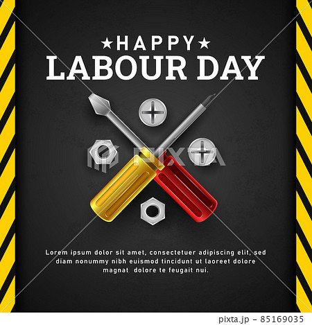 Happy Labour Day Background with Yellow Stripe and Tools Happy Labour Day Background with Yellow Stripe and Tools 85169035