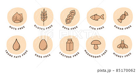 Hand drawn allergens icon. Collection of gluten free, fish, egg, nuts, soya, milk, dairy free icons 85170062