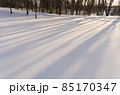 夕暮れの光で長い影が伸びる新雪の雪面 85170347