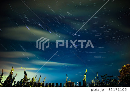 Tracks of stars. Night blue starry sky. Long exposure 85171106