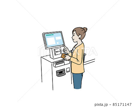 セルフレジで支払う女性 買い物 会計 精算機 支払い セルフレジで支払う女性 買い物 会計 精算機 支払い 85171147