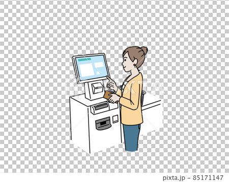 セルフレジで支払う女性 買い物 会計 精算機 支払い セルフレジで支払う女性 買い物 会計 精算機 支払い 85171147