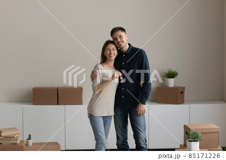 Portrait of happy young loving family couple showing keys. Portrait of happy young loving family couple showing keys. 85171226