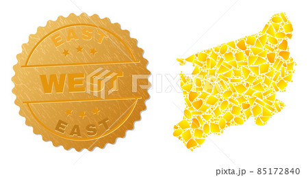 West Pomeranian Voivodeship Map Mosaic of Gold Spots and Textured East West Badge 85172840