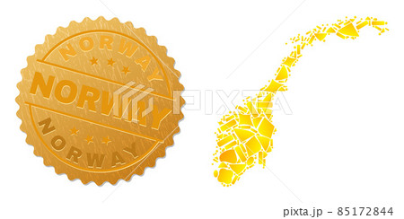 Norway Map Collage of Golden Items and Metallic Norway Seal 85172844
