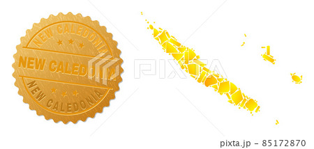 New Caledonia Islands Map Mosaic of Golden Particles and Metallic New Caledonia Seal 85172870