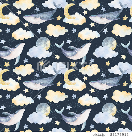 Watercolor whales, clouds, moon, stars, seamless pattern. Watercolor sea animals illustrations. Background print, wear design, baby shower, kids cards, linens, wallpaper, textile. 85172912
