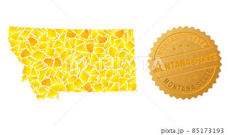 Montana State Map Collage of Gold Particles and Metallic Montana State Badge Montana State Map Collage of Gold Particles and Metallic Montana State Badge 85173193