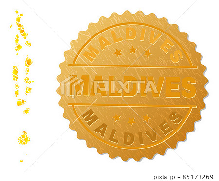 Maldives Map Mosaic of Golden Elements and Metallic Maldives Stamp Maldives Map Mosaic of Golden Elements and Metallic Maldives Stamp 85173269