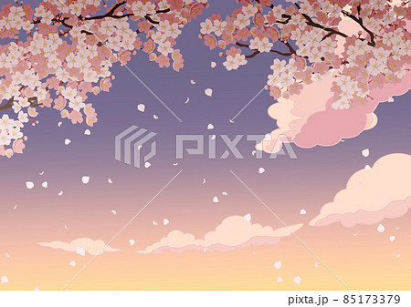 夕暮れの空と桜と舞う花びらとのイラスト素材