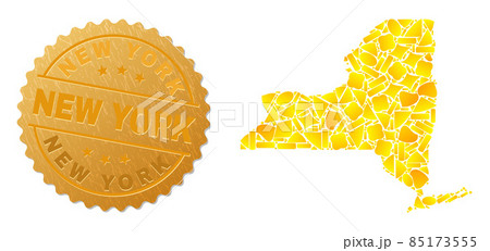 New York State Map Mosaic of Golden Spots and Metallic New York Seal 85173555