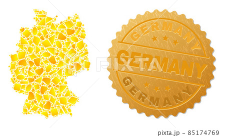 Germany Map Mosaic of Gold Elements and Metal Germany Seal Stamp Germany Map Mosaic of Gold Elements and Metal Germany Seal Stamp 85174769