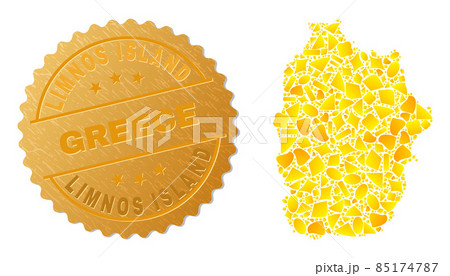 Flores Island of Azores Map Mosaic of Gold Items and Metal Limnos Island Greece Seal Stamp Flores Island of Azores Map Mosaic of Gold Items and Metal Limnos Island Greece Seal Stamp 85174787