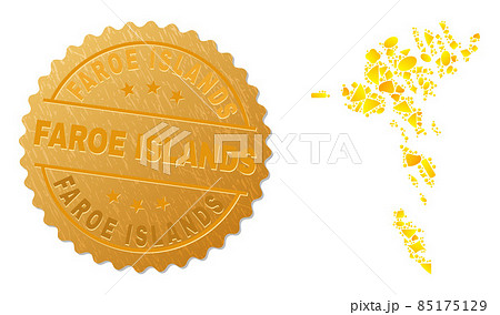Faroe Islands Map Mosaic of Gold Elements and Textured Faroe Islands Seal Stamp Faroe Islands Map Mosaic of Gold Elements and Textured Faroe Islands Seal Stamp 85175129