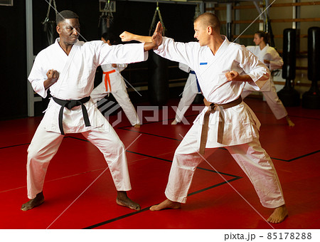 Men sparring during karate training 85178288