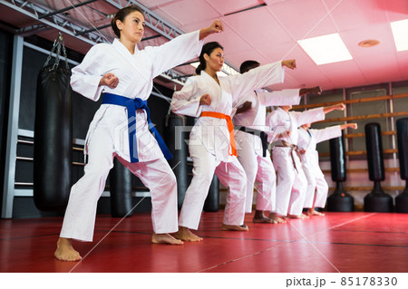 Polyethnic men and women in kimono exercising kata Polyethnic men and women in kimono exercising kata 85178330