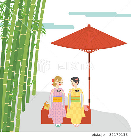 京都嵐山の竹林とお茶屋で休憩する着物姿の女性旅行者のイラスト素材