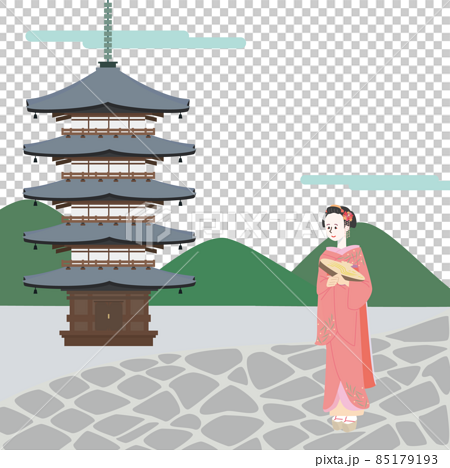 京都の五重塔と歩く舞妓さんのイラスト素材