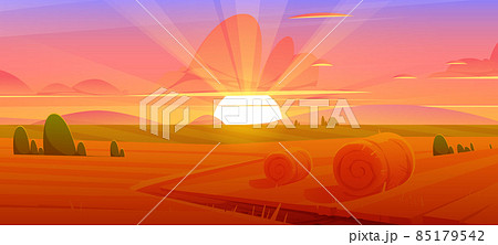 Rural Landscape With Hay Bales On Field At Sunsetのイラスト素材