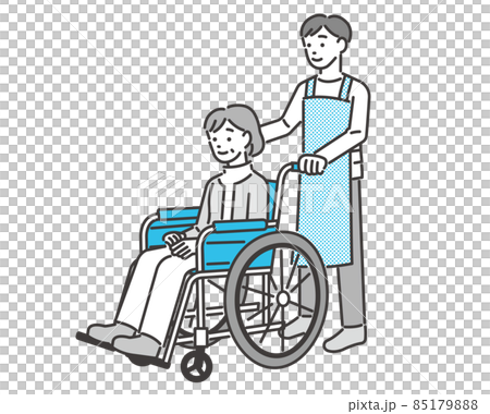 車椅子に乗るシニアと男性の介護福祉士(看護師)のベクターイラスト素材/車いす/介護/怪我/福祉/ヘ 車椅子に乗るシニアと男性の介護福祉士(看護師)のベクターイラスト素材/車いす/介護/怪我/福祉/ヘ 85179888