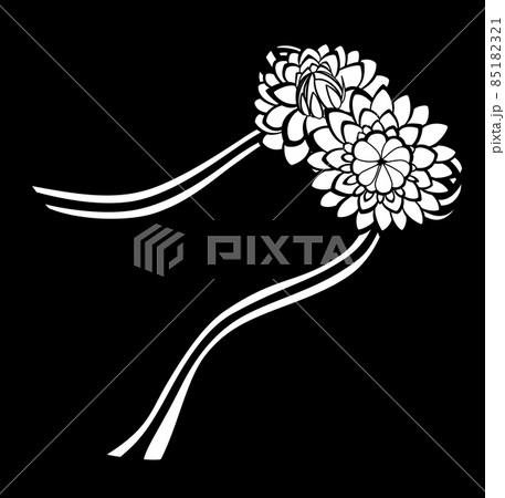 黒色のストライプのリボンと白色のデコラティブ咲きの2つのダリア 黒バック 切り絵風 Ver 2のイラスト素材 黒色のストライプのリボンと白色のデコラティブ咲きの2つのダリア 黒バック 切り絵風 Ver 2のイラスト素材