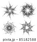 Set of four black snowflakes on a white background. Abstract computer generated fractal image of a snowflake. Illustration, isolate. Use as a stamp or brush 85182588