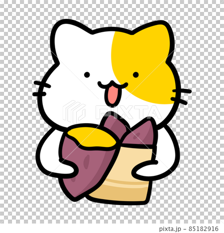 一個可愛的貓角色吃烤紅薯的手寫風格插圖 85182916