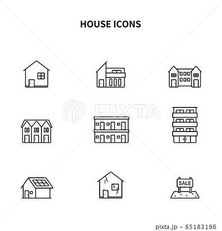シンプルアイコンセット 家 戸建 アパート マンションのイラスト素材