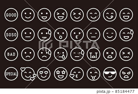 シンプルな感情表現フェイスアイコンセット モノクロ黒背景 のイラスト素材