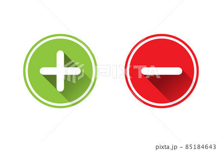 Green plus and red minus flat vector icons.Circle symbols add and delete button signs for vote, decision, web, logo, app, UI. illustration 85184643