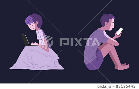 People Character Using Digital Gadget at Night Sitting on Bed Under Blanket Vector Set 85185445