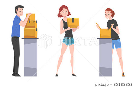 Young Man and Woman Carrying and Checking Cardboard Box Working with Parcels in Warehouse Vector Set Young Man and Woman Carrying and Checking Cardboard Box Working with Parcels in Warehouse Vector Set 85185853
