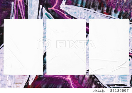 colorful urban wall texture with three wrinkled glued poster templates 85186697