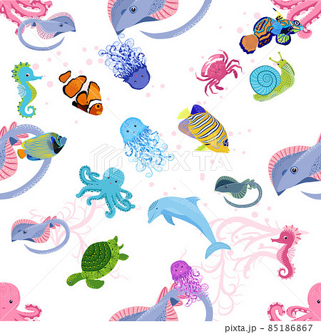 Marine life, fish, animals bright seamless pattern. sea travel, underwater diving animal tropical fish. Jellyfish, whale, shark, seahorse, clown fish, dolphin, turtle emperor fish octopus stingray Marine life, fish, animals bright seamless pattern. sea travel, underwater diving animal tropical fish. Jellyfish, whale, shark, seahorse, clown fish, dolphin, turtle emperor fish octopus stingray 85186867