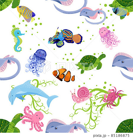 Marine life, fish, animals bright seamless pattern. sea travel, underwater diving animal tropical fish. Jellyfish, whale, shark, seahorse, clown fish, dolphin, turtle emperor fish octopus stingray 85186875