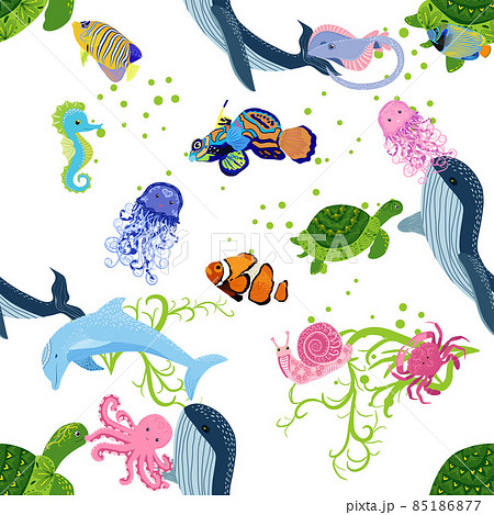 Marine life, fish, animals bright seamless pattern. sea travel, underwater diving animal tropical fish. Jellyfish, whale, shark, seahorse, clown fish, dolphin, turtle emperor fish octopus stingray Marine life, fish, animals bright seamless pattern. sea travel, underwater diving animal tropical fish. Jellyfish, whale, shark, seahorse, clown fish, dolphin, turtle emperor fish octopus stingray 85186877