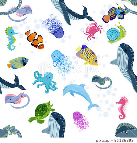 Marine life, fish, animals bright seamless pattern. sea travel, underwater diving animal tropical fish. Jellyfish, whale, shark, seahorse, clown fish, dolphin, turtle emperor fish octopus stingray Marine life, fish, animals bright seamless pattern. sea travel, underwater diving animal tropical fish. Jellyfish, whale, shark, seahorse, clown fish, dolphin, turtle emperor fish octopus stingray 85186898