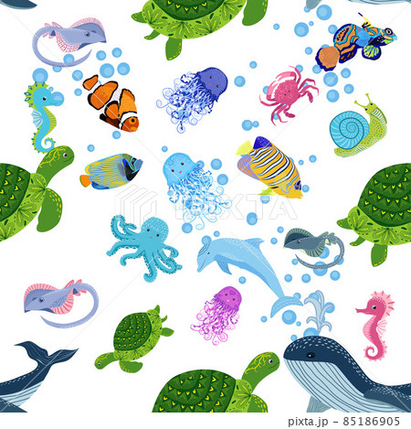 Marine life, fish, animals bright seamless pattern. sea travel, underwater diving animal tropical fish. Jellyfish, whale, shark, seahorse, clown fish, dolphin, turtle emperor fish octopus stingray Marine life, fish, animals bright seamless pattern. sea travel, underwater diving animal tropical fish. Jellyfish, whale, shark, seahorse, clown fish, dolphin, turtle emperor fish octopus stingray 85186905