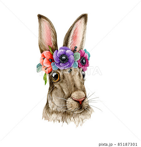 Cute bunny with spring flowers decoration....のイラスト素材