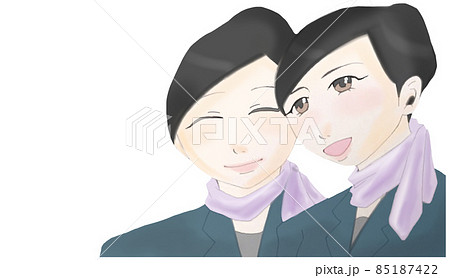 制服姿で微笑む2人の女性のイラストのイラスト素材