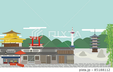 観光地がたくさんある歴史ある京都の街並みのイラスト素材 観光地がたくさんある歴史ある京都の街並みのイラスト素材