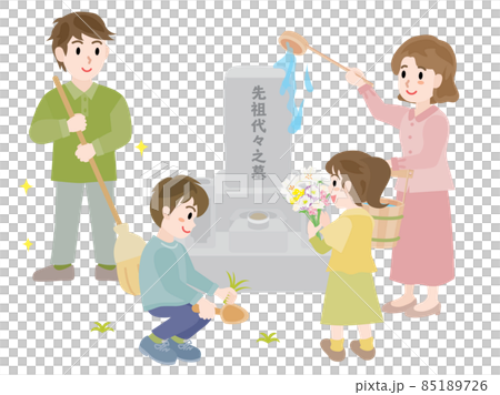 A family of four cleaning a grave on the equinoctial week 85189726