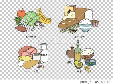 健康的な食生活に欠かせないもののセット 食物繊維 タンパク質 炭水化物 良質な油 ゆるい線画イラストのイラスト素材