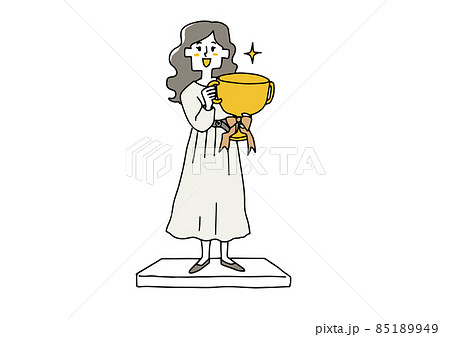 大きな金杯を抱え台座に上がる女性　世の中での女性の活躍を讃える　ゆるい線画の人物イラスト 85189949