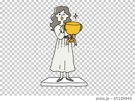 大きな金杯を抱え台座に上がる女性　世の中での女性の活躍を讃える　ゆるい線画の人物イラスト 85189949