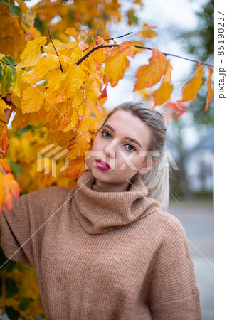 White young european woman among yellow leaves White young european woman among yellow leaves 85190237