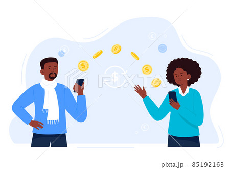 A man sends money from a smartphone to a female colleague or coworker. People make contactless currency transactions on the internet. Easy banking concept. Vector flat illustration. A man sends money from a smartphone to a female colleague or coworker. People make contactless currency transactions on the internet. Easy banking concept. Vector flat illustration. 85192163