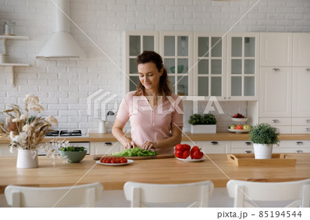 Happy homeowner woman cutting vegetables for salad in home kitchen Happy homeowner woman cutting vegetables for salad in home kitchen 85194544