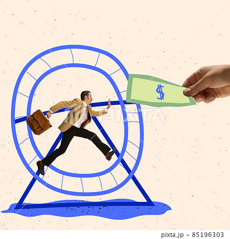 Contemporary art collage. Businessman running in a humster wheel to catch money Contemporary art collage. Businessman running in a humster wheel to catch money 85196303